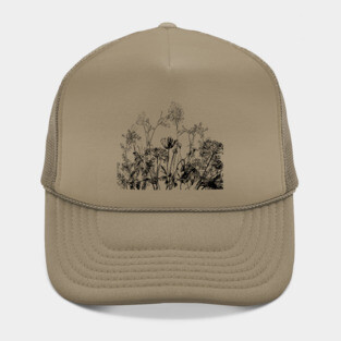 Black White Wild Flowers Botanical Pattern Illustration Vintage Hat