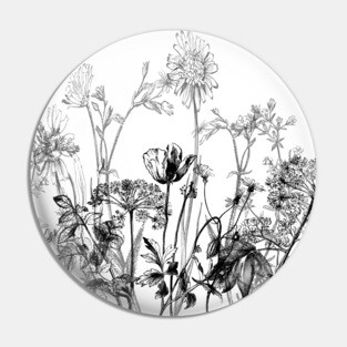 Black White Wild Flowers Botanical Pattern Illustration Vintage Pin