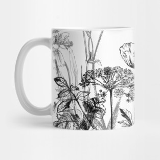 Black White Wild Flowers Botanical Pattern Illustration Vintage Mug