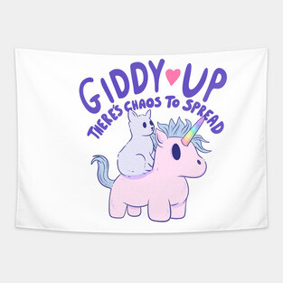 Cute Cat Riding Unicorn - Giddy Up, There’s Chaos to Spread Tapestry