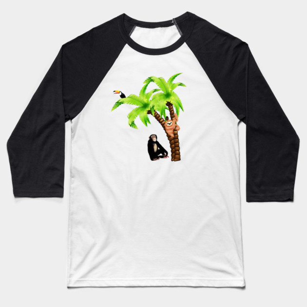 Monkey and Sloth Tropical Palm Tree Baseball T-Shirt by logiamerch