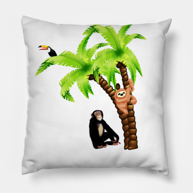 Monkey and Sloth Tropical Palm Tree Pillow by logiamerch