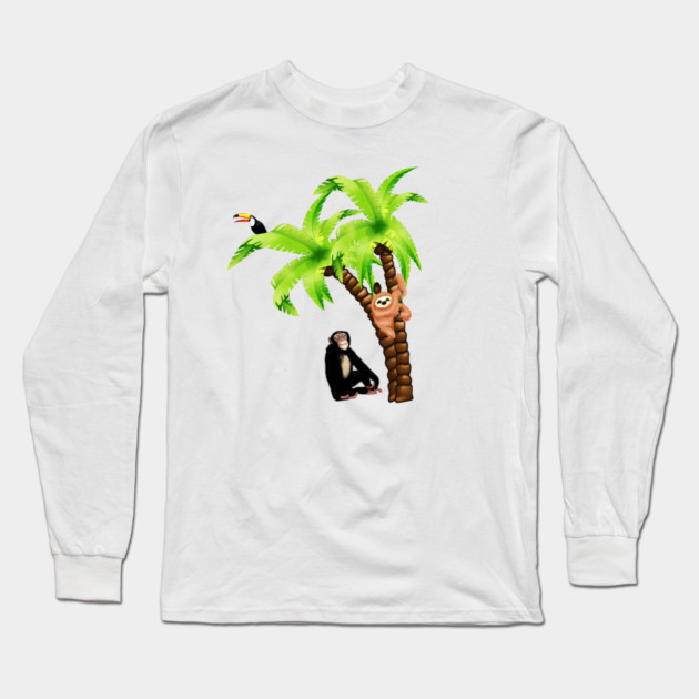 Monkey and Sloth Tropical Palm Tree Long Sleeve T-Shirt by logiamerch