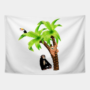Monkey and Sloth Tropical Palm Tree Tapestry