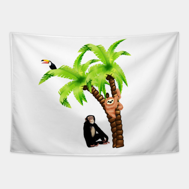 Monkey and Sloth Tropical Palm Tree Tapestry by logiamerch