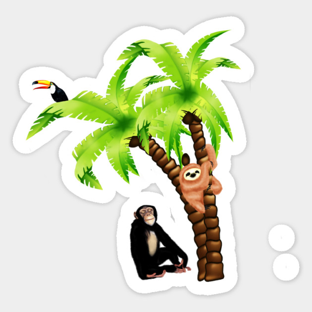 Monkey and Sloth Tropical Palm Tree Sticker by logiamerch