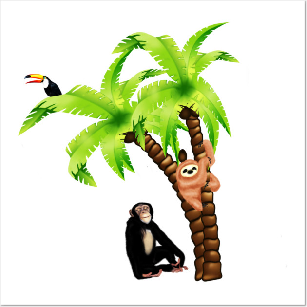 Monkey and Sloth Tropical Palm Tree Wall Art by logiamerch