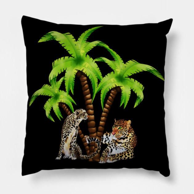 Leopard and Cheetah Animal, Tropical Palm Tree Pillow by logiamerch