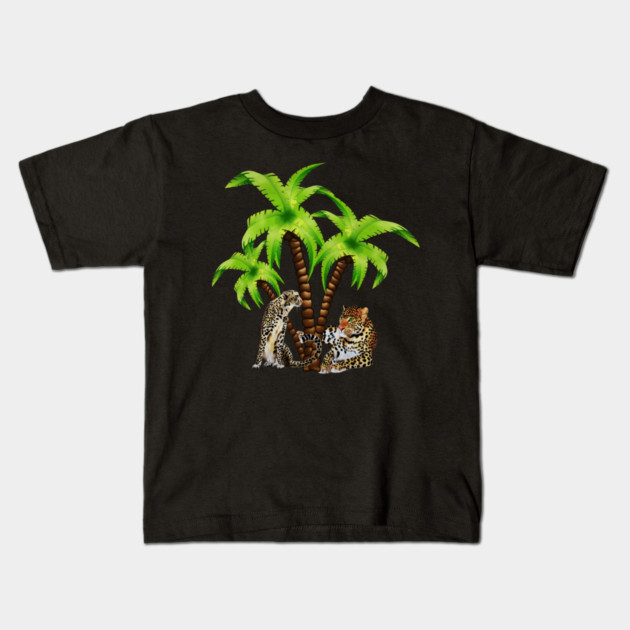 Leopard and Cheetah Animal, Tropical Palm Tree Kids T-Shirt by logiamerch