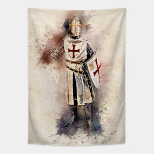 Knights Templar Warrior The crusader Watercolor Historic Fine Art Tapestry