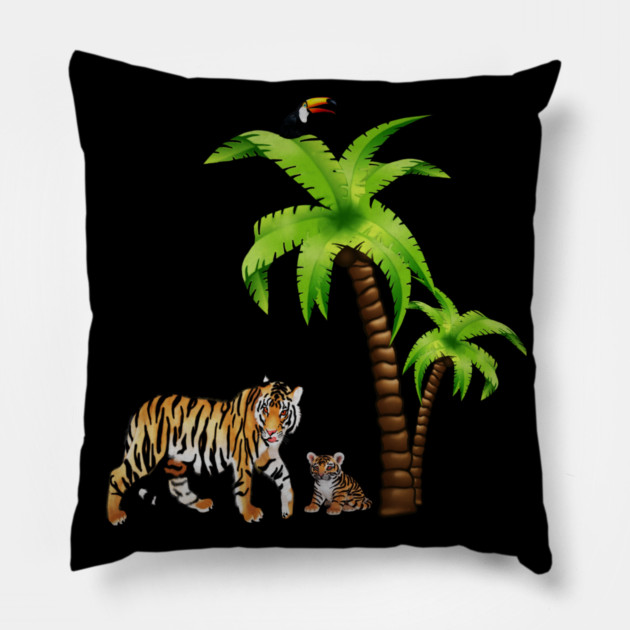 Tiger and Cub Tropical, Palm Tree Pillow by logiamerch