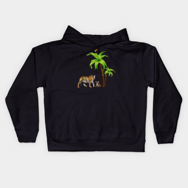 Tiger and Cub Tropical, Palm Tree Kids Hoodie by logiamerch