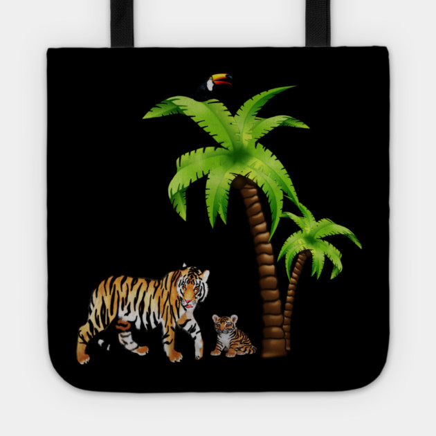 Tiger and Cub Tropical, Palm Tree Tote by logiamerch
