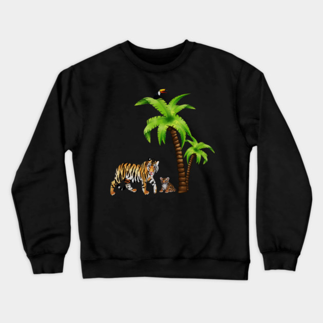 Tiger and Cub Tropical, Palm Tree Crewneck Sweatshirt by logiamerch