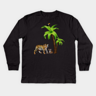 Tiger and Cub Tropical, Palm Tree Kids Long Sleeve T-Shirt