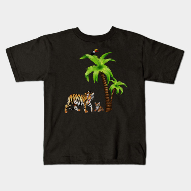 Tiger and Cub Tropical, Palm Tree Kids T-Shirt by logiamerch