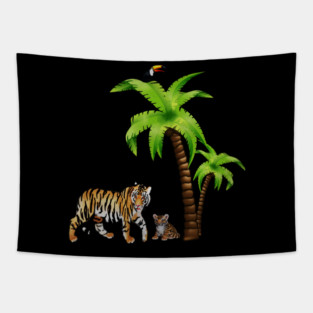 Tiger and Cub Tropical, Palm Tree Tapestry