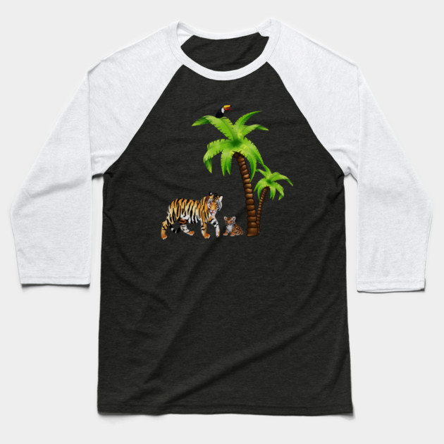 Tiger and Cub Tropical, Palm Tree Baseball T-Shirt by logiamerch