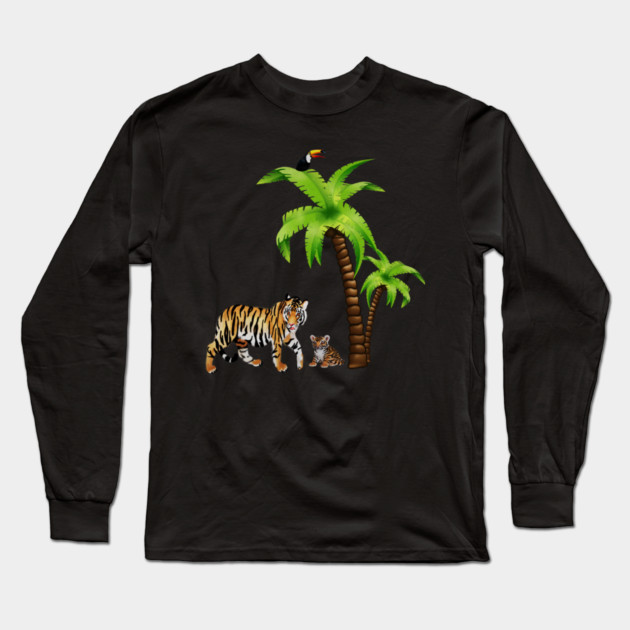 Tiger and Cub Tropical, Palm Tree Long Sleeve T-Shirt by logiamerch