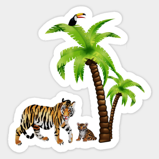 Tiger and Cub Tropical, Palm Tree Sticker by logiamerch