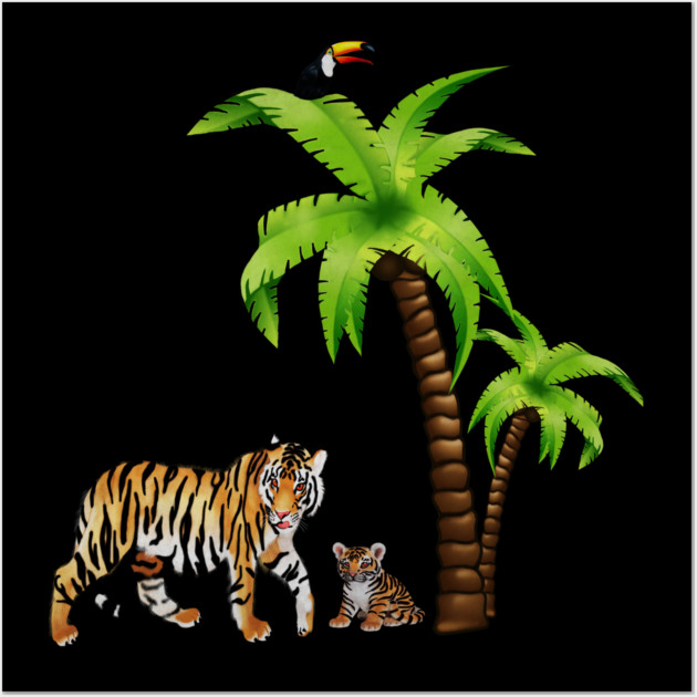 Tiger and Cub Tropical, Palm Tree Wall Art by logiamerch