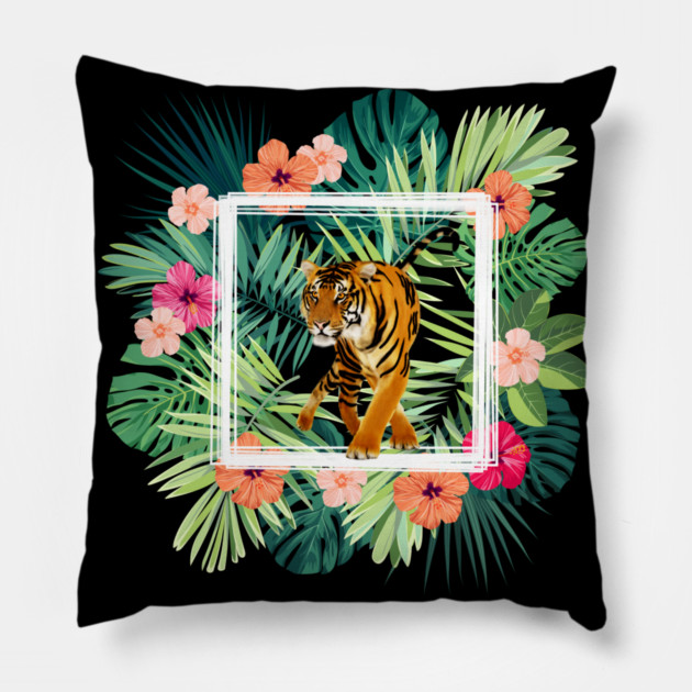 Tiger Big Cat, Tropical Palm Leaves Floral Pillow by logiamerch