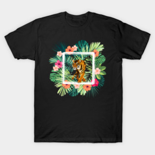 Tiger Big Cat, Tropical Palm Leaves Floral T-Shirt