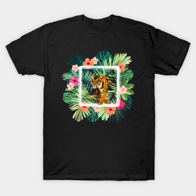 Tiger Big Cat, Tropical Palm Leaves Floral T-Shirt by logiamerch