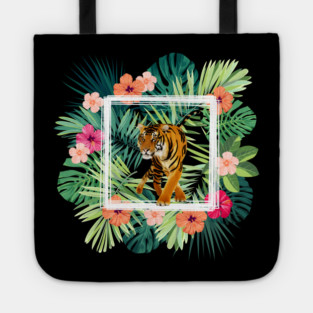 Tiger Big Cat, Tropical Palm Leaves Floral Tote