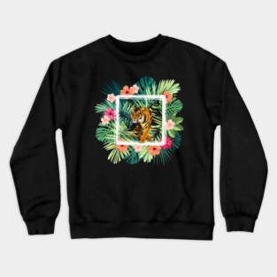 Tiger Big Cat, Tropical Palm Leaves Floral Crewneck Sweatshirt