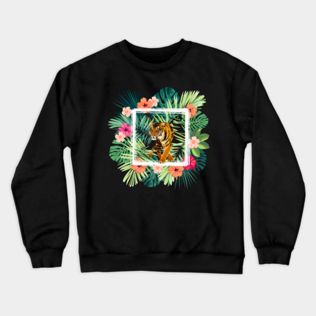 Tiger Big Cat, Tropical Palm Leaves Floral Crewneck Sweatshirt by logiamerch