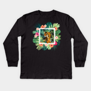 Tiger Big Cat, Tropical Palm Leaves Floral Kids Long Sleeve T-Shirt