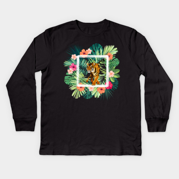 Tiger Big Cat, Tropical Palm Leaves Floral Kids Long Sleeve T-Shirt by logiamerch