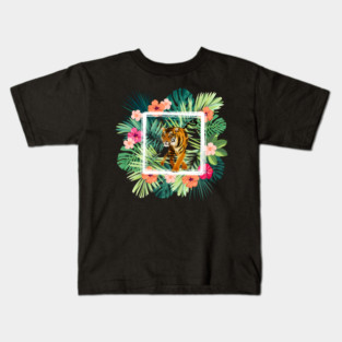 Tiger Big Cat, Tropical Palm Leaves Floral Kids T-Shirt