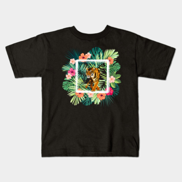 Tiger Big Cat, Tropical Palm Leaves Floral Kids T-Shirt by logiamerch