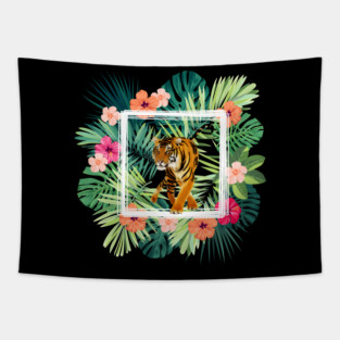 Tiger Big Cat, Tropical Palm Leaves Floral Tapestry