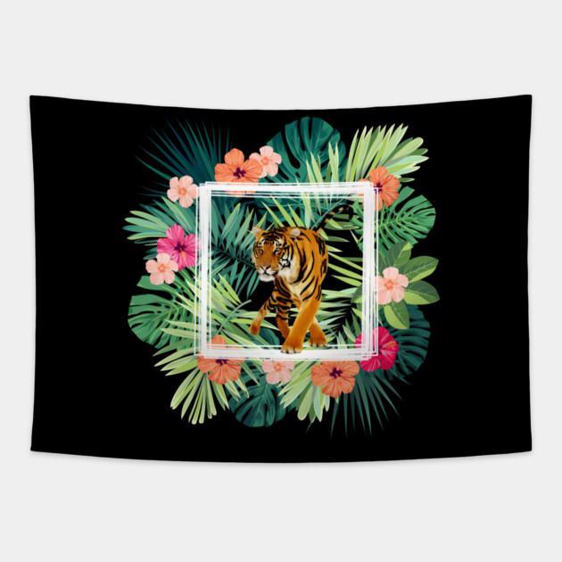 Tiger Big Cat, Tropical Palm Leaves Floral Tapestry by logiamerch