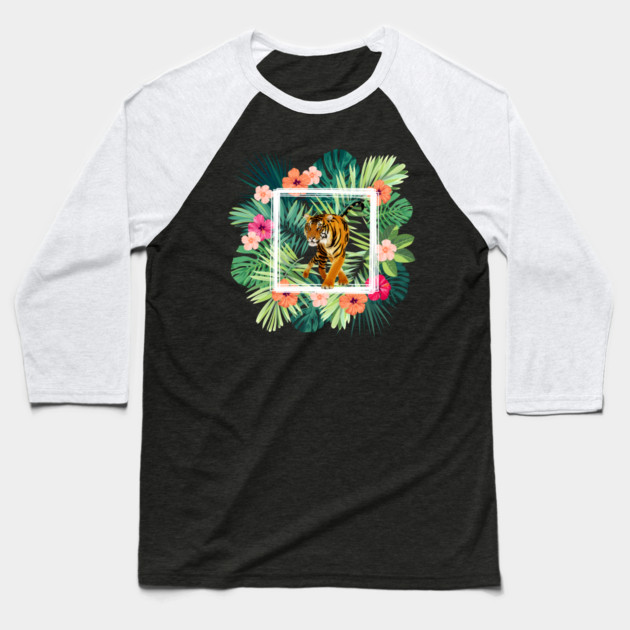 Tiger Big Cat, Tropical Palm Leaves Floral Baseball T-Shirt by logiamerch
