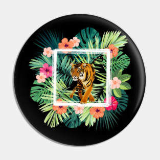 Tiger Big Cat, Tropical Palm Leaves Floral Pin