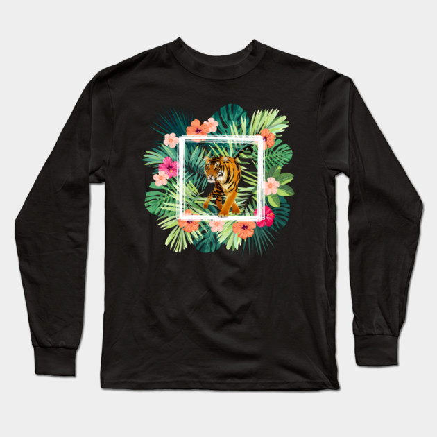 Tiger Big Cat, Tropical Palm Leaves Floral Long Sleeve T-Shirt by logiamerch