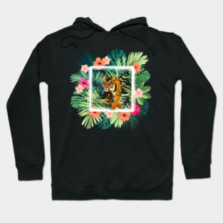 Tiger Big Cat, Tropical Palm Leaves Floral Hoodie