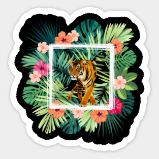 Tiger Big Cat, Tropical Palm Leaves Floral Sticker