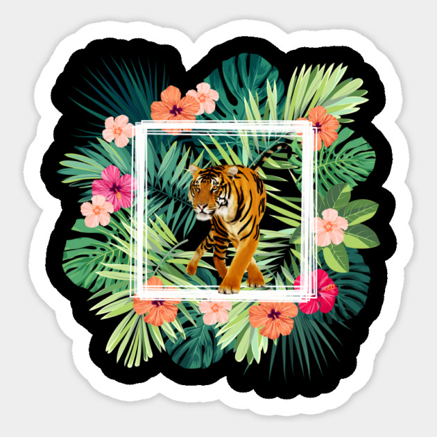 Tiger Big Cat, Tropical Palm Leaves Floral Sticker by logiamerch