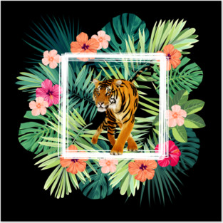Tiger Big Cat, Tropical Palm Leaves Floral Posters and Art