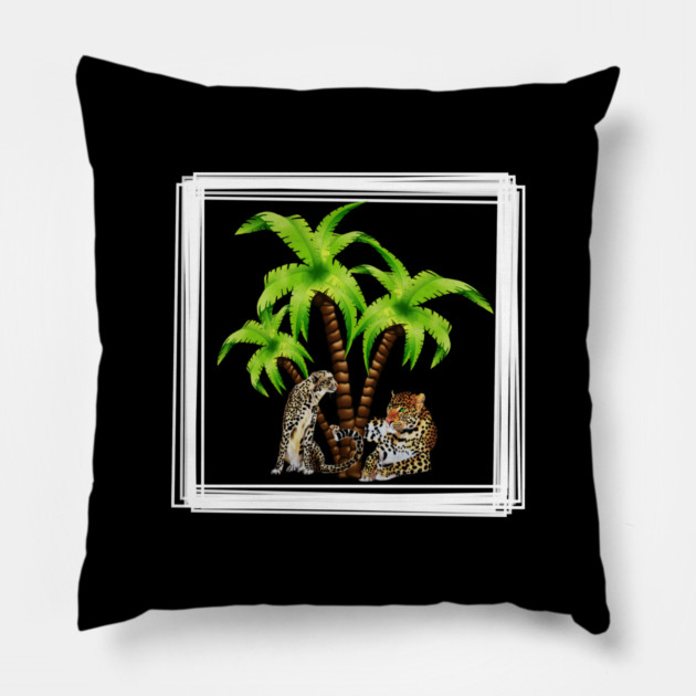 Cheetah and Leopard Chillin, Plam Tree Tropical Pillow by logiamerch