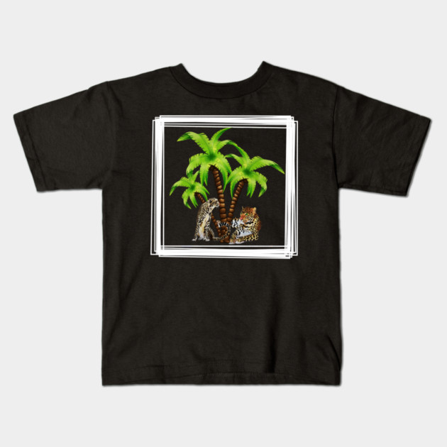 Cheetah and Leopard Chillin, Plam Tree Tropical Kids T-Shirt by logiamerch