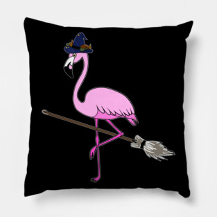 Flamingo Halloween Witch and Broomstick, Love Flamingos Pillow