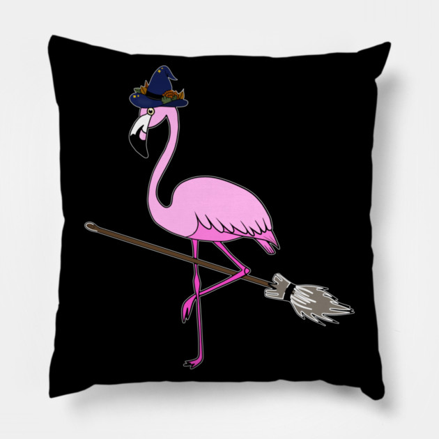 Flamingo Halloween Witch and Broomstick, Love Flamingos Pillow by logiamerch