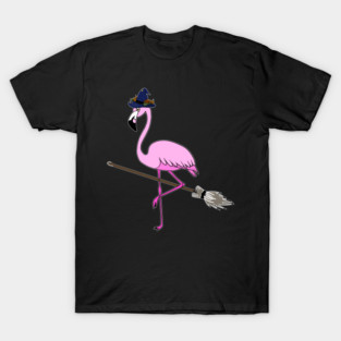 Flamingo Halloween Witch and Broomstick, Love Flamingos T-Shirt