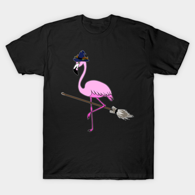 Flamingo Halloween Witch and Broomstick, Love Flamingos T-Shirt by logiamerch